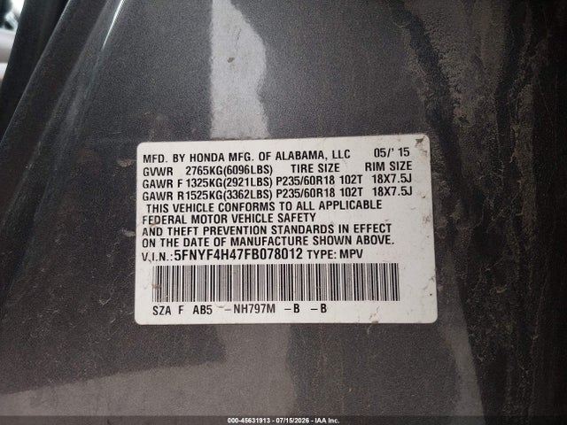 Aukcja sprzedaży 2015 Honda Pilot Ex, vin: 5FNYF4H47FB078012, numer aukcji: 45631913