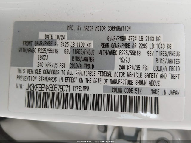 Продаж на аукціоні авто 2025 Mazda Cx-5 2.5 S Premium Plus, vin: JM3KFBEMXS0579071, номер лоту: 45631917