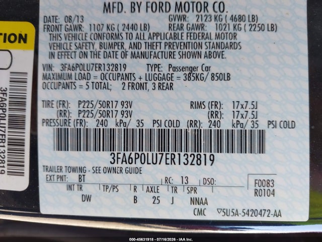 45631918 :رقم المزاد ، 3FA6P0LU7ER132819 vin ، 2014 Ford Fusion Hybrid Se مزاد بيع