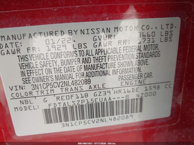 Aukcja sprzedaży 2022 Nissan Kicks Sv Xtronic Cvt, vin: 3N1CP5CV2NL482089, numer aukcji: 45631921