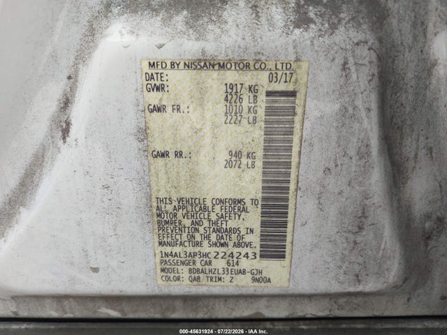 2017 Nissan Altima 2.5 Sr მანქანა იყიდება აუქციონზე, vin: 1N4AL3AP3HC224243, აუქციონის ნომერი: 45631924