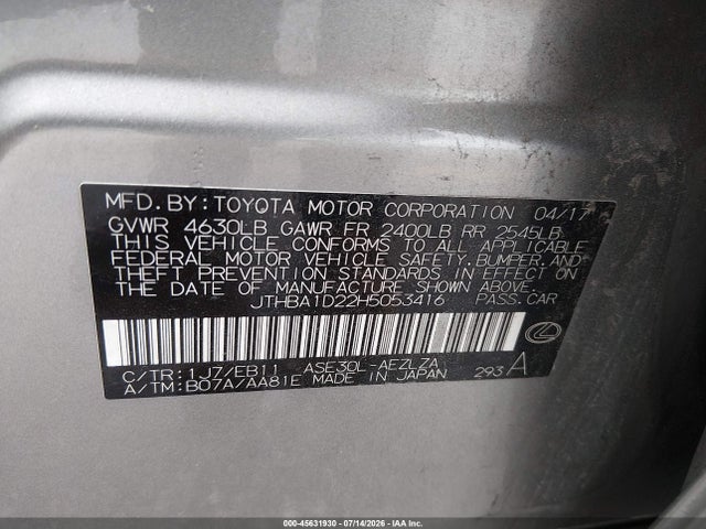 Aukcja sprzedaży 2017 Lexus Is 200t, vin: JTHBA1D22H5053416, numer aukcji: 45631930