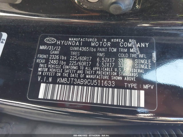 45631932 :رقم المزاد ، KM8JT3AB9CU511633 vin ، 2012 Hyundai Tucson Gl مزاد بيع