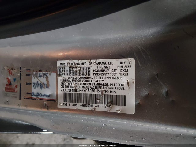 Aukcja sprzedaży 2012 Honda Odyssey Ex-l, vin: 5FNRL5H6XCB050124, numer aukcji: 45631939