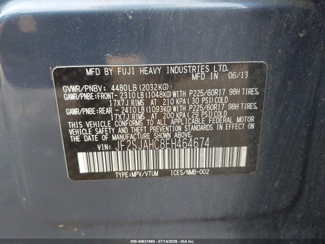 Продаж на аукціоні авто 2014 Subaru Forester 2.5i Limited, vin: JF2SJAHC8EH464674, номер лоту: 45631960