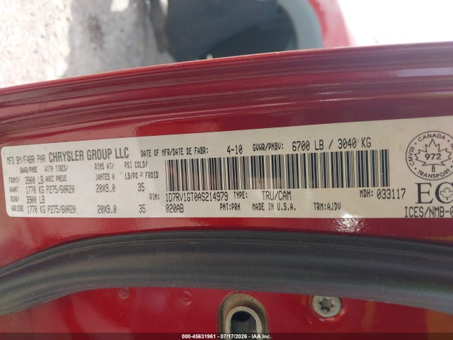 Aukcja sprzedaży 2010 Dodge Ram 1500 Sport, vin: 1D7RV1GT0AS214979, numer aukcji: 45631961