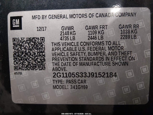 45631973 :رقم المزاد ، 2G1105S33J9152184 vin ، 2018 Chevrolet Impala 1lt مزاد بيع