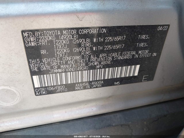 45631977 :رقم المزاد ، JTMMWRFVXND149040 vin ، 2022 Toyota Rav4 Hybrid Le مزاد بيع