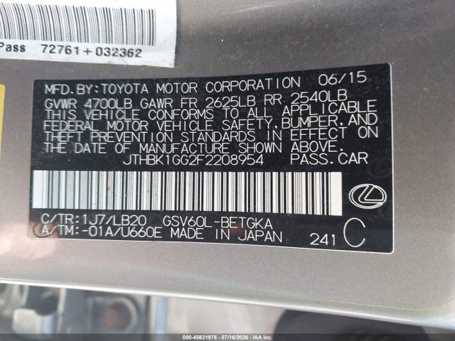 2015 Lexus Es 350 მანქანა იყიდება აუქციონზე, vin: JTHBK1GG2F2208954, აუქციონის ნომერი: 45631978