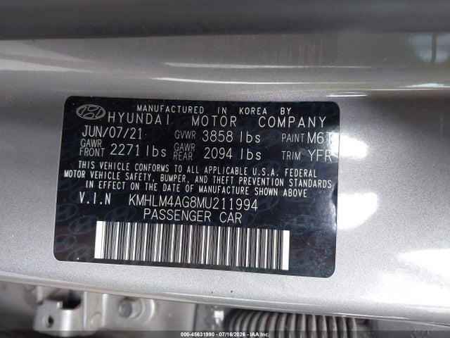 Aukcja sprzedaży 2021 Hyundai Elantra Sel, vin: KMHLM4AG8MU211994, numer aukcji: 45631990
