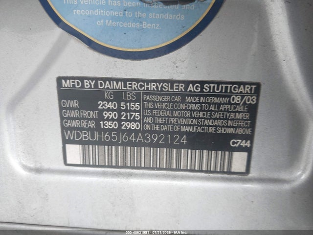 Aukcja sprzedaży 2004 Mercedes-benz E 320, vin: WDBUH65J64A392124, numer aukcji: 45631991