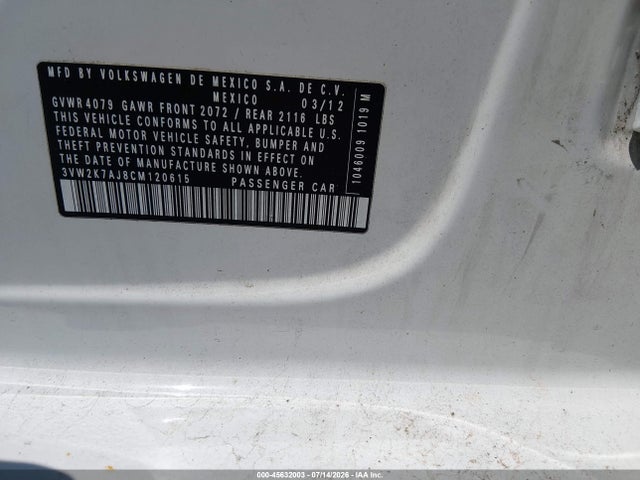 45632003 :رقم المزاد ، 3VW2K7AJ8CM120615 vin ، 2012 Volkswagen Jetta 2.0l S مزاد بيع
