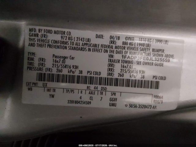 Aukcja sprzedaży 2018 Ford Focus Se, vin: 1FADP3FE0JL325559, numer aukcji: 45632025