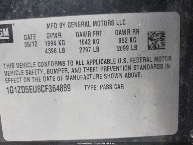 Aukcja sprzedaży 2012 Chevrolet Malibu 2lt, vin: 1G1ZD5EU8CF364889, numer aukcji: 45632040