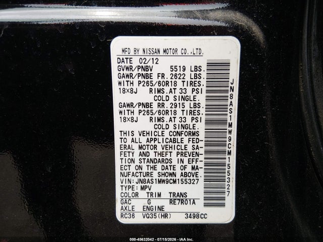 Продаж на аукціоні авто 2012 Infiniti Fx35, vin: JN8AS1MW9CM155327, номер лоту: 45632042