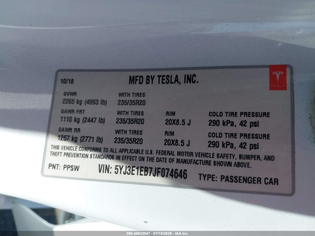Tesla Model 3 Long Range/performance 2018 5YJ3E1EB7JF074646 Image 9