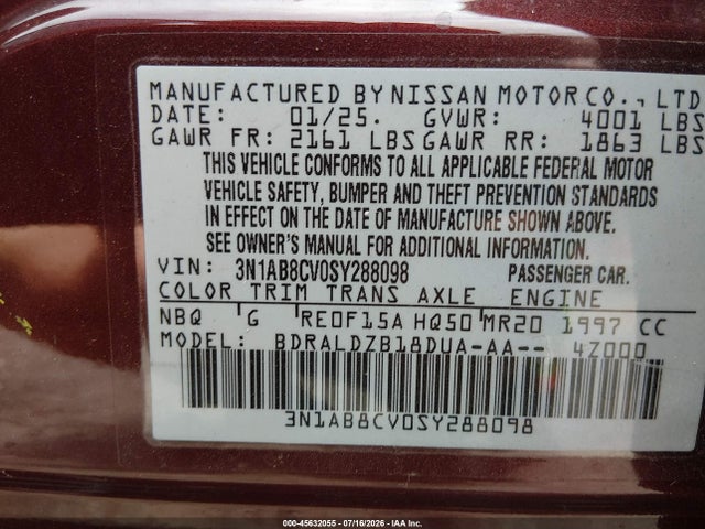 2025 Nissan Sentra Sv მანქანა იყიდება აუქციონზე, vin: 3N1AB8CV0SY288098, აუქციონის ნომერი: 45632055