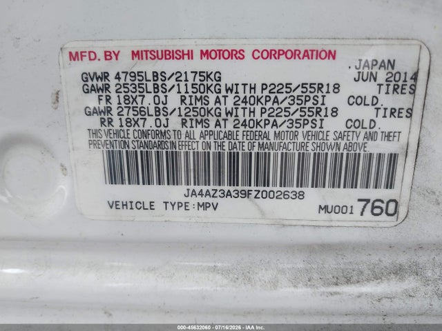 Продаж на аукціоні авто 2015 Mitsubishi Outlander Se, vin: JA4AZ3A39FZ002638, номер лоту: 45632060