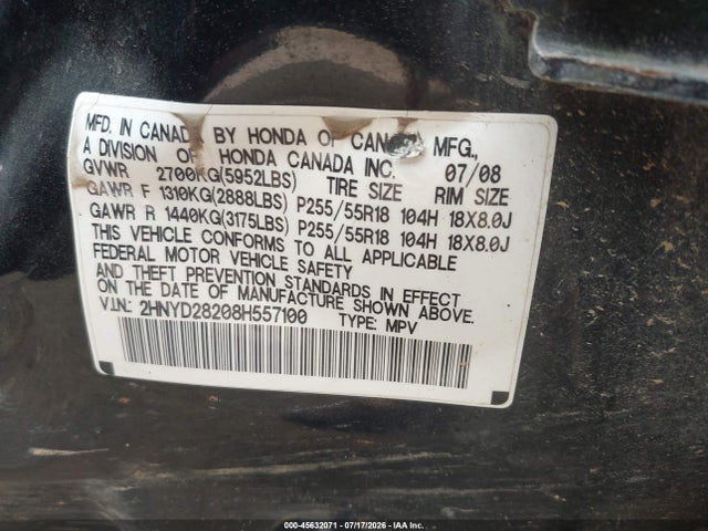 45632071 :رقم المزاد ، 2HNYD28208H557100 vin ، 2008 Acura Mdx مزاد بيع