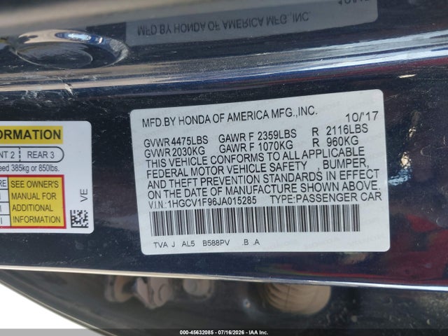 1HGCV1F96JA015285 Honda Accord Touring