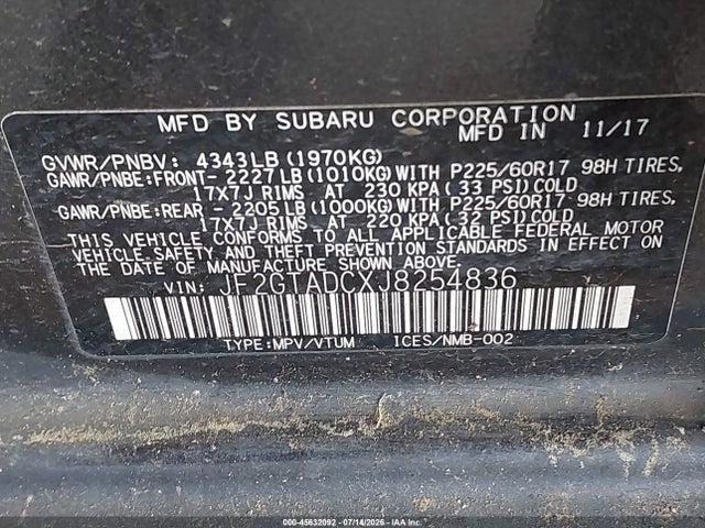 2018 Subaru Crosstrek 2.0i Premium მანქანა იყიდება აუქციონზე, vin: JF2GTADCXJ8254836, აუქციონის ნომერი: 45632092