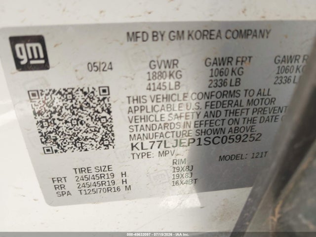 45632097 :رقم المزاد ، KL77LJEP1SC059252 vin ، 2025 Chevrolet Trax Fwd 2rs مزاد بيع