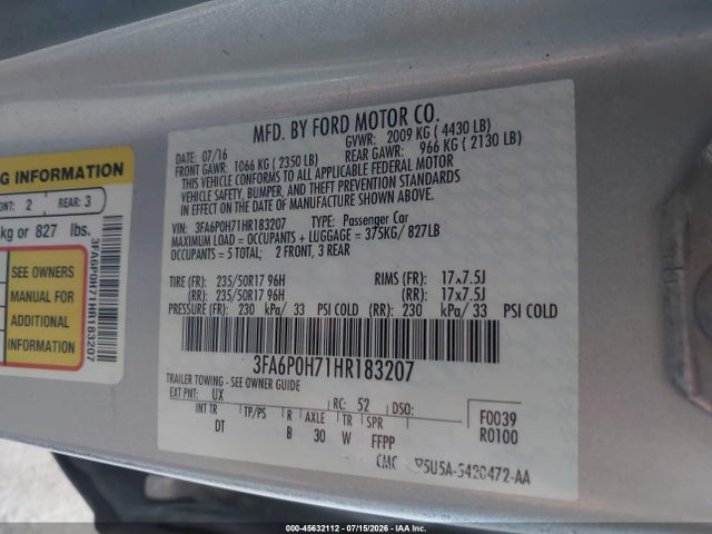 Ford FUSION SE 2017 3FA6P0H71HR183207 Image 9