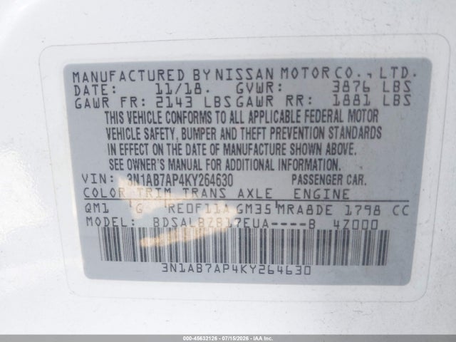 Nissan SENTRA S 2019 3N1AB7AP4KY264630 Image 9