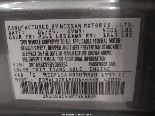 Продажа на аукционе авто 2024 Nissan Sentra Sv Xtronic Cvt, vin: 3N1AB8CV5RY365834, номер лота: 45632136