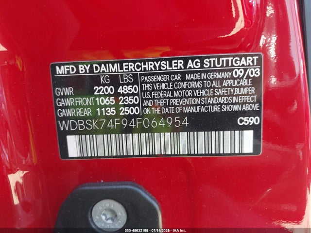 Продажа на аукционе авто 2004 Mercedes-benz Sl 55 Amg, vin: WDBSK74F94F064954, номер лота: 45632155