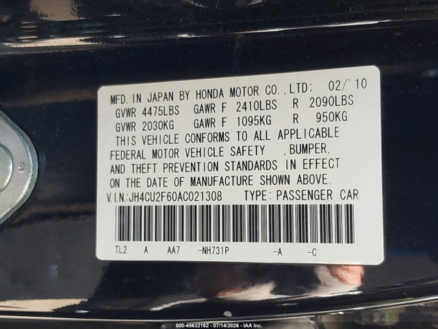 2010 Acura Tsx 2.4 მანქანა იყიდება აუქციონზე, vin: JH4CU2F60AC021308, აუქციონის ნომერი: 45632162