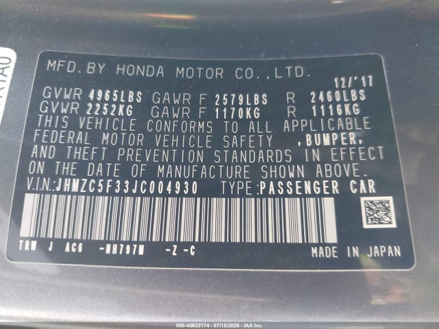 JHMZC5F33JC004930 Honda Clarity Plug-in Hybrid Touring