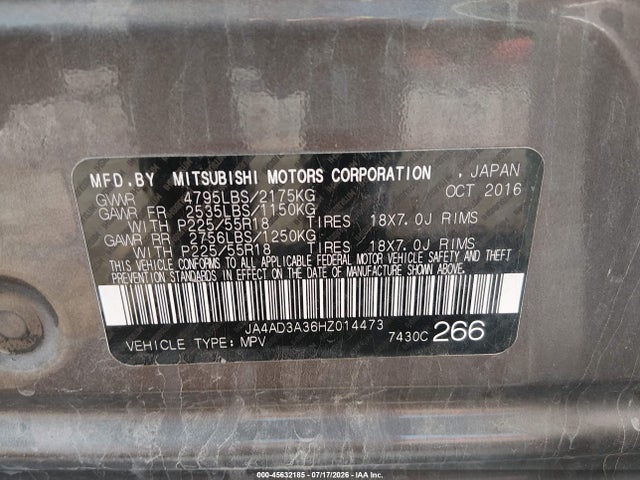 Aukcja sprzedaży 2017 Mitsubishi Outlander Se/sel, vin: JA4AD3A36HZ014473, numer aukcji: 45632185