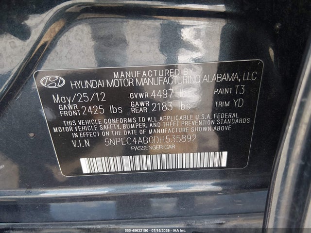 45632190 :رقم المزاد ، 5NPEC4AB0DH535892 vin ، 2013 Hyundai Sonata Limited 2.0t مزاد بيع