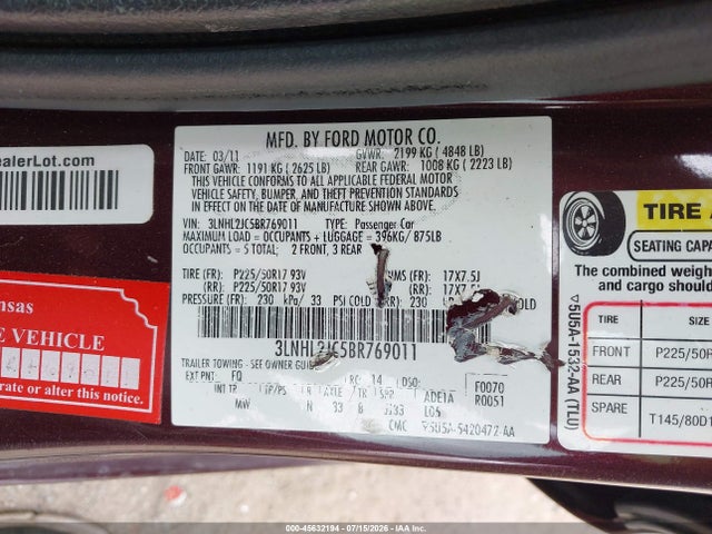 Aukcja sprzedaży 2011 Lincoln Mkz, vin: 3LNHL2JC5BR769011, numer aukcji: 45632194