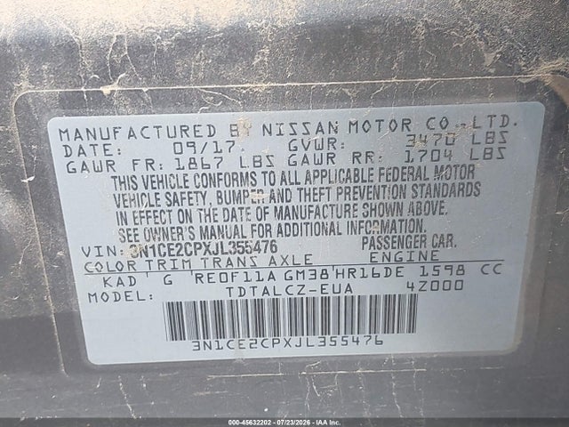 2018 Nissan Versa Note S მანქანა იყიდება აუქციონზე, vin: 3N1CE2CPXJL355476, აუქციონის ნომერი: 45632202