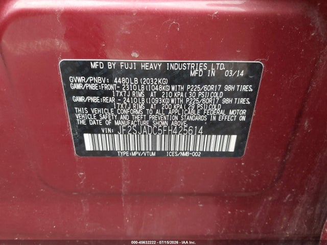 Aukcja sprzedaży 2015 Subaru Forester 2.5i Premium, vin: JF2SJADC5FH425614, numer aukcji: 45632222