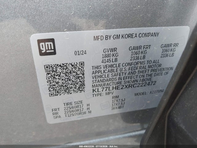 Продажа на аукционе авто 2024 Chevrolet Trax Fwd Lt, vin: KL77LHE2XRC222472, номер лота: 45632226