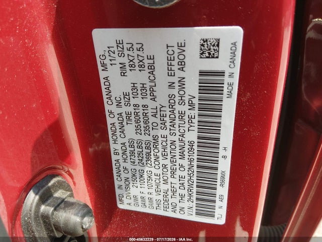 2022 Honda Cr-v Awd Ex მანქანა იყიდება აუქციონზე, vin: 2HKRW2H52NH610946, აუქციონის ნომერი: 45632229