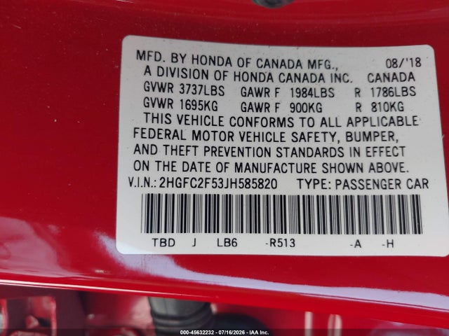 45632232 :رقم المزاد ، 2HGFC2F53JH585820 vin ، 2018 Honda Civic Lx مزاد بيع