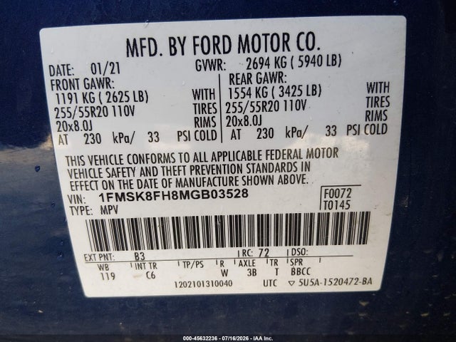 Aukcja sprzedaży 2021 Ford Explorer Limited, vin: 1FMSK8FH8MGB03528, numer aukcji: 45632236