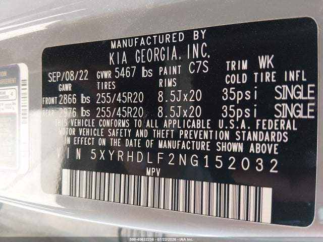 2022 Kia Sorento X-line Ex მანქანა იყიდება აუქციონზე, vin: 5XYRHDLF2NG152032, აუქციონის ნომერი: 45632238