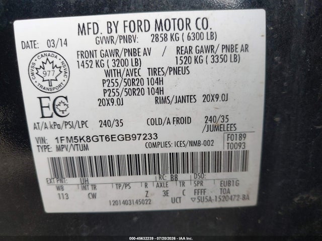45632239 :رقم المزاد ، 1FM5K8GT6EGB97233 vin ، 2014 Ford Explorer Sport مزاد بيع