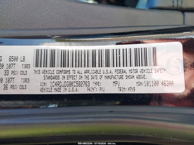 45632244 :رقم المزاد ، 1C4RDJDG8KC582763 vin ، 2019 Dodge Durango Gt Awd مزاد بيع