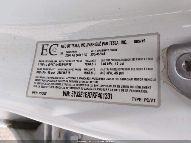 Tesla Model 3 Long Range/mid Range/standard Range/standard Range Plus 2019 5YJ3E1EA7KF401331 Image 9