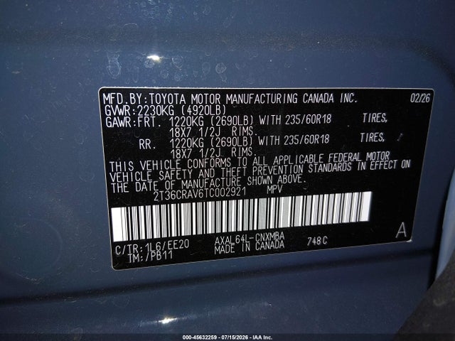 2026 Toyota Rav4 Xle Premium მანქანა იყიდება აუქციონზე, vin: 2T36CRAV6TC002921, აუქციონის ნომერი: 45632259