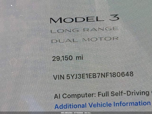 5YJ3E1EB7NF180648 Tesla Model 3 Long Range Dual Motor All-wheel Drive