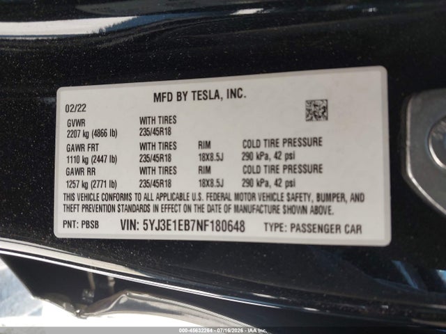 5YJ3E1EB7NF180648 Tesla Model 3 Long Range Dual Motor All-wheel Drive