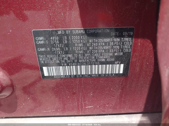 2020 Subaru Outback Premium მანქანა იყიდება აუქციონზე, vin: 4S4BTACCXL3112105, აუქციონის ნომერი: 45632322