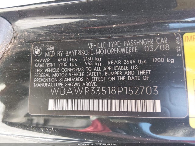 Aukcja sprzedaży 2008 Bmw 328i, vin: WBAWR33518P152703, numer aukcji: 45632331